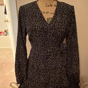 Polka Dot Wrap Midi Dress - Black with White Dots